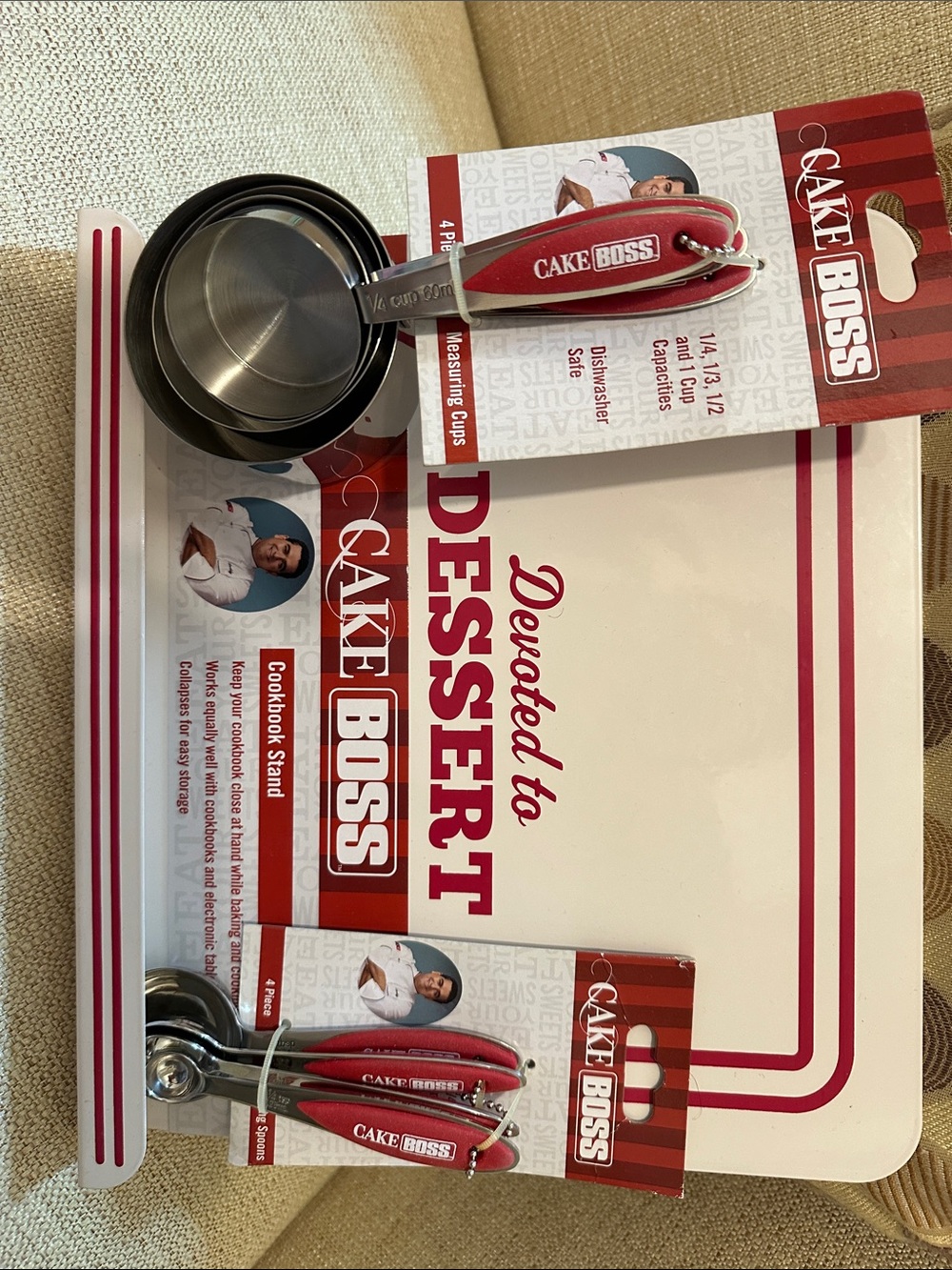 Cake Boss Cookbook Stand With Cake Boss Measuring Cups and Measuring Spoons